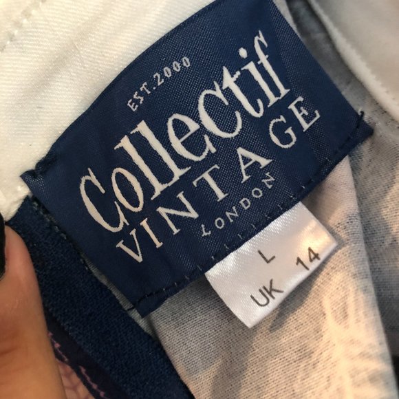 Collectif Vintage UK 14/US 10 Pencil Dress Blue with Leaves - Picture 4 of 4